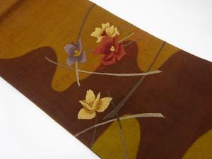 手織り紬　相良刺繍　枝花模様　名古屋帯